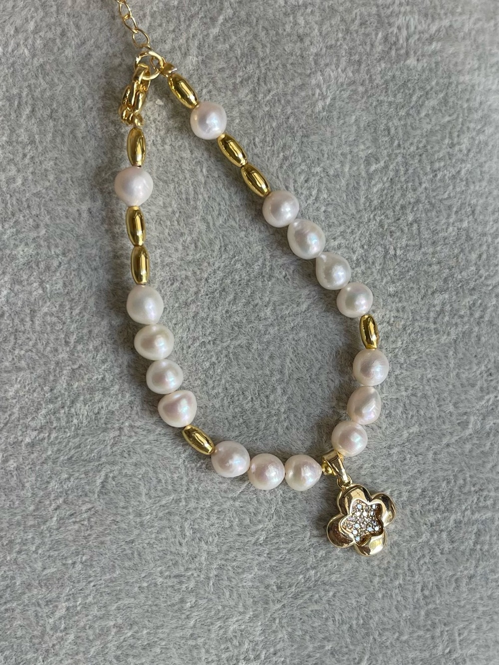 Gold & Freshwater Pearl Flower Charm Bracelet - Women